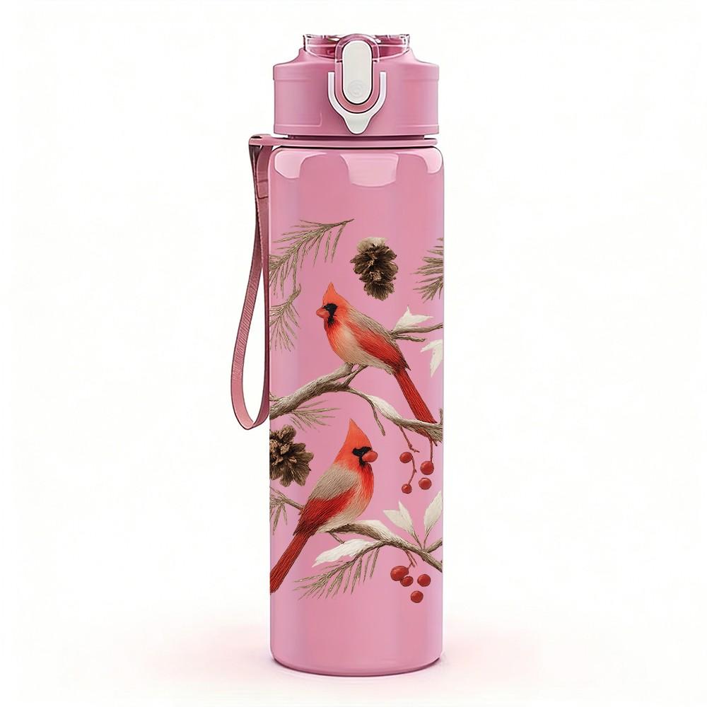 1PC Red Bird Winter Branch Print 750ml Color Plastic Sports Water Bottle Leakproof Flip Straw Lid Suitable for Sports Office Home Use