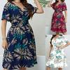 Plus Size Vintage V-Neck Short Sleeve Smocked Waist Slimming Retro Midi Dress for Women Casual Summer