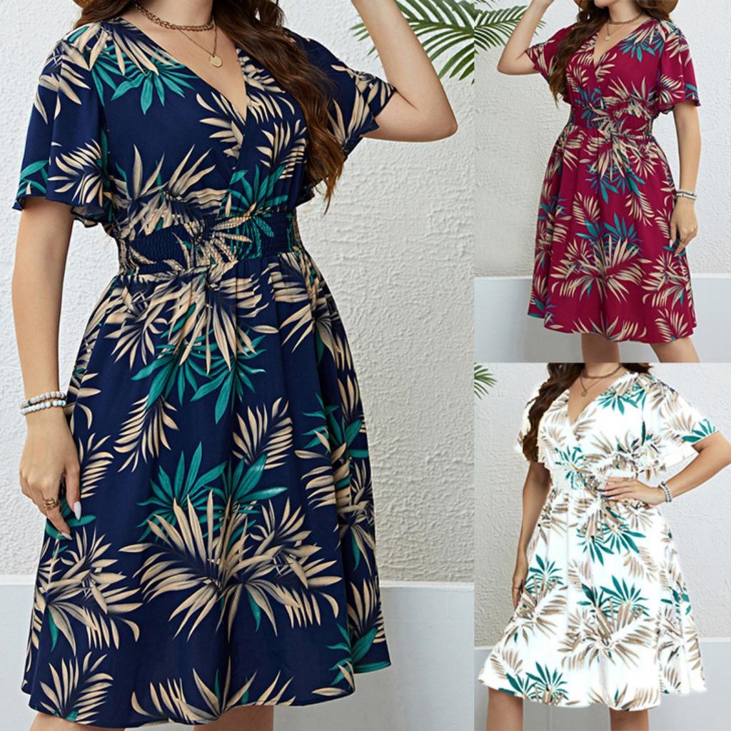Plus Size Vintage V-Neck Short Sleeve Smocked Waist Slimming Retro Midi Dress for Women Casual Summer