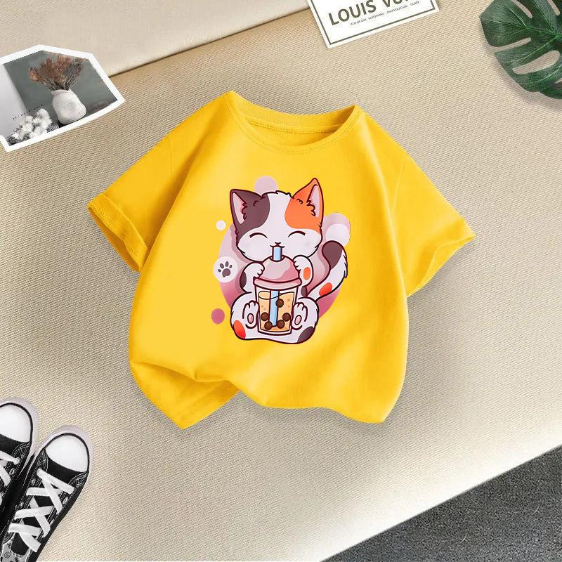 New Summer New Cat Printed Candy Color Funny Round Neck Short Sleeve Baby Girls Summer Clothes Trendy Children's T-shirt