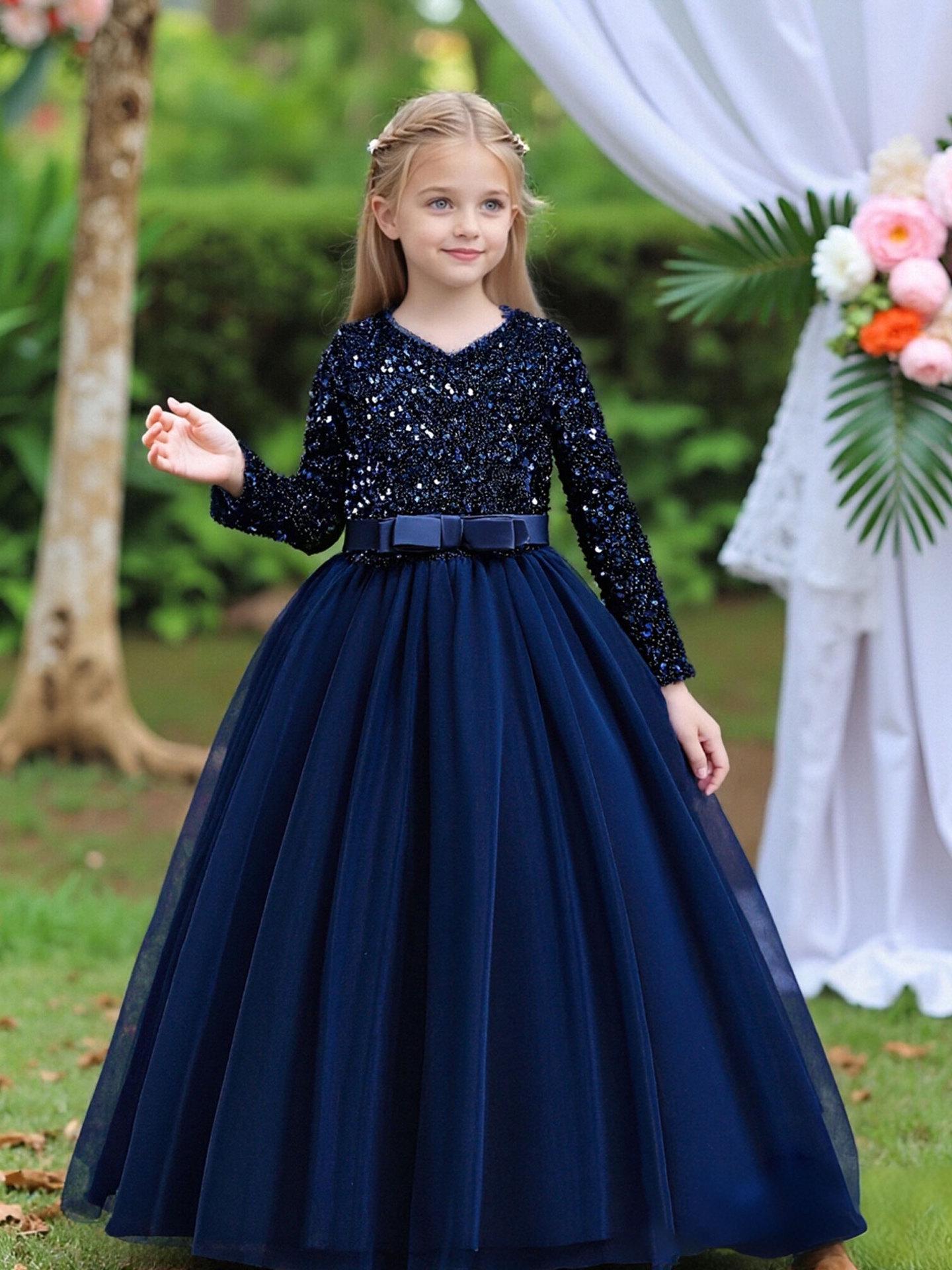 

Нова вечірня сукня принцеси з блискітками для дівчаток - Дитячий довгий вечірній одяг 140 cm темно-синього кольору