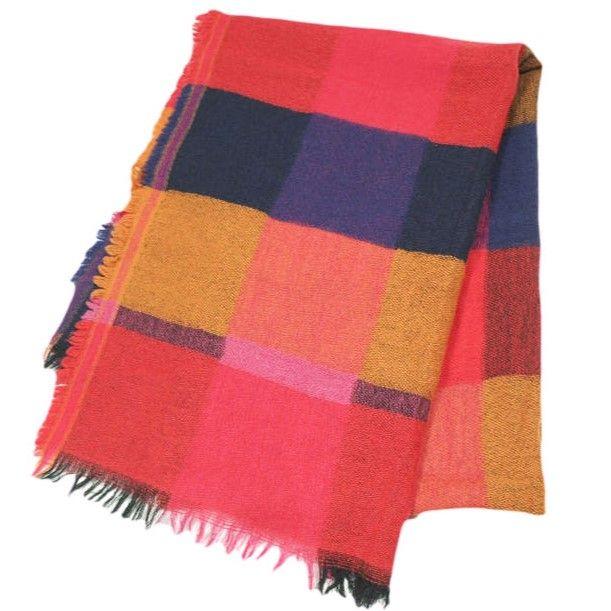 Used MOISMONT Wool Check Muffler No.088 RED/NAVY/ORANGE Fringe Stole g26514