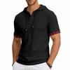 Men's Hooded T-Shirt Short Sleeve Contrast Plaid Cuff Drawstring Breathable Casual Pullover Tops Summer Hooded Tees Men
