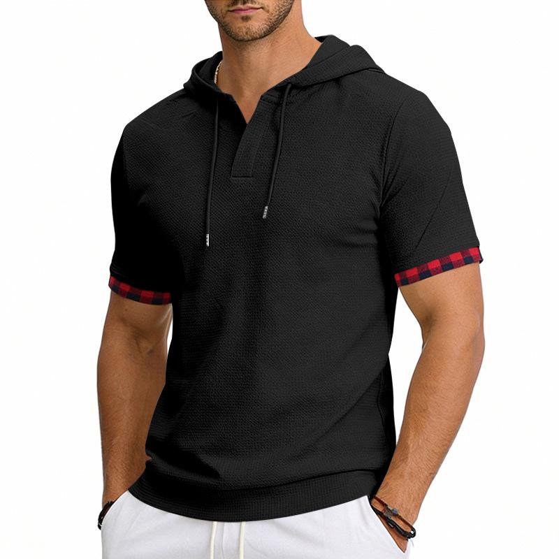 Men's Hooded T-Shirt Short Sleeve Contrast Plaid Cuff Drawstring Breathable Casual Pullover Tops Summer Hooded Tees Men