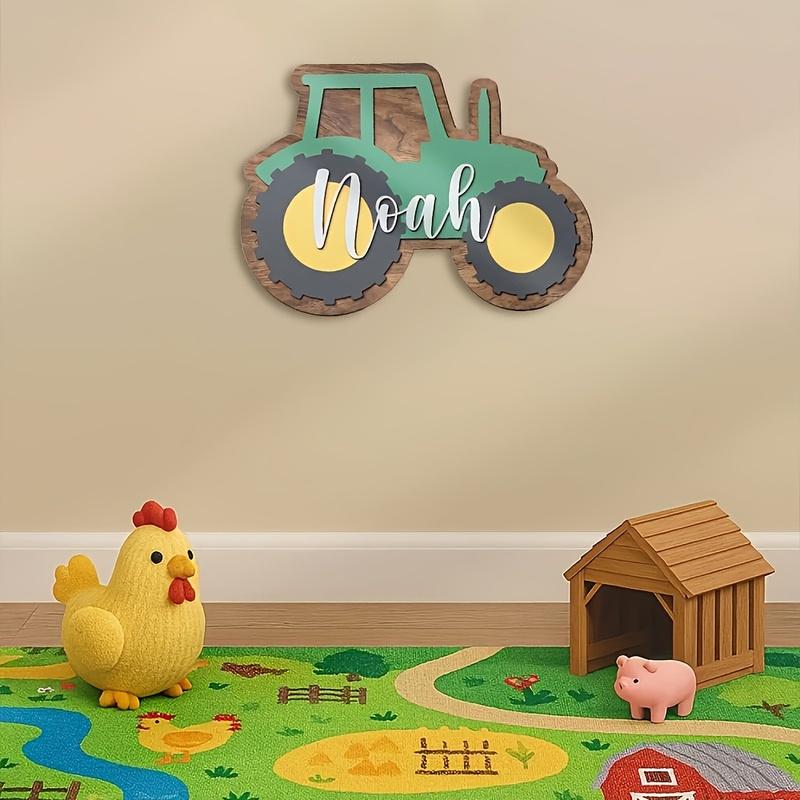 Customized wooden tractor logo, personalized name "Noah" - green and brown farm decoration, suitable for children's rooms or pla