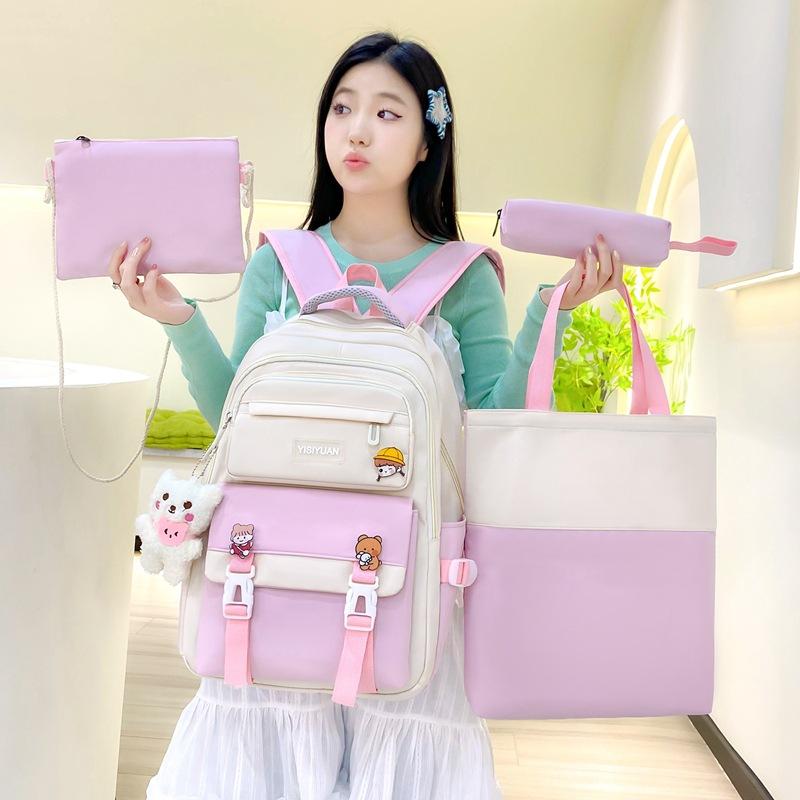 Small, fresh and large-capacity junior high school schoolbag women's casual and durable backpack three-piece schoolbag