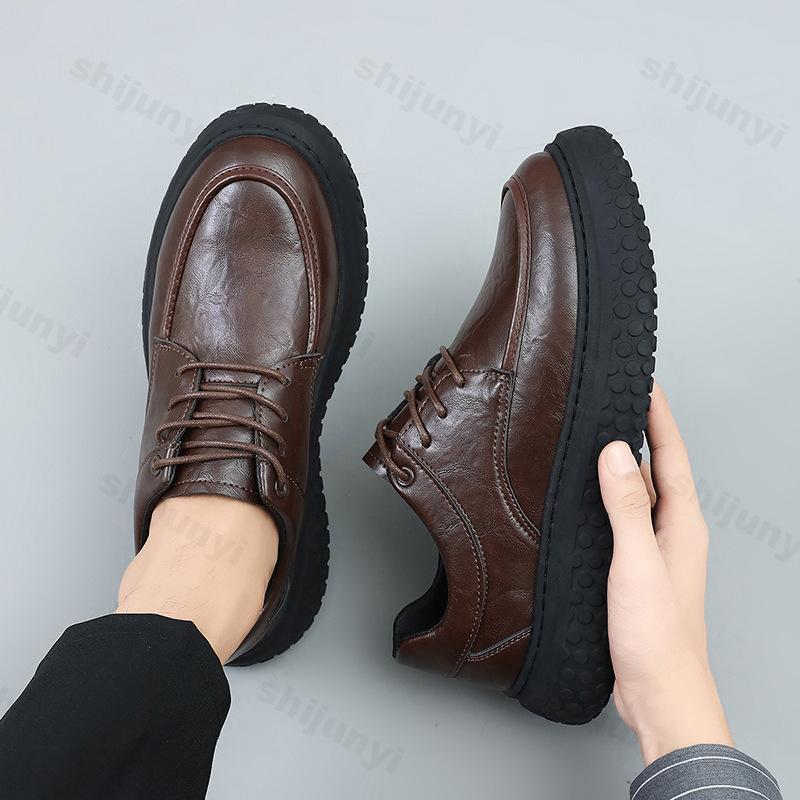 Men's Leather Shoes British Style Trendy Thick-soled Casual Shoes Anti-slip Wear-resistant Properties 2025 Autumn Black Loafers