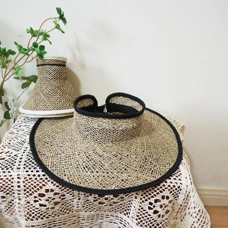 Holiday Small Fresh Seaweed Salty Grass Woven Empty Top Straw Hat Men And Women Summer Sunshade Sun Protection Beach Big Brim Straw Hat