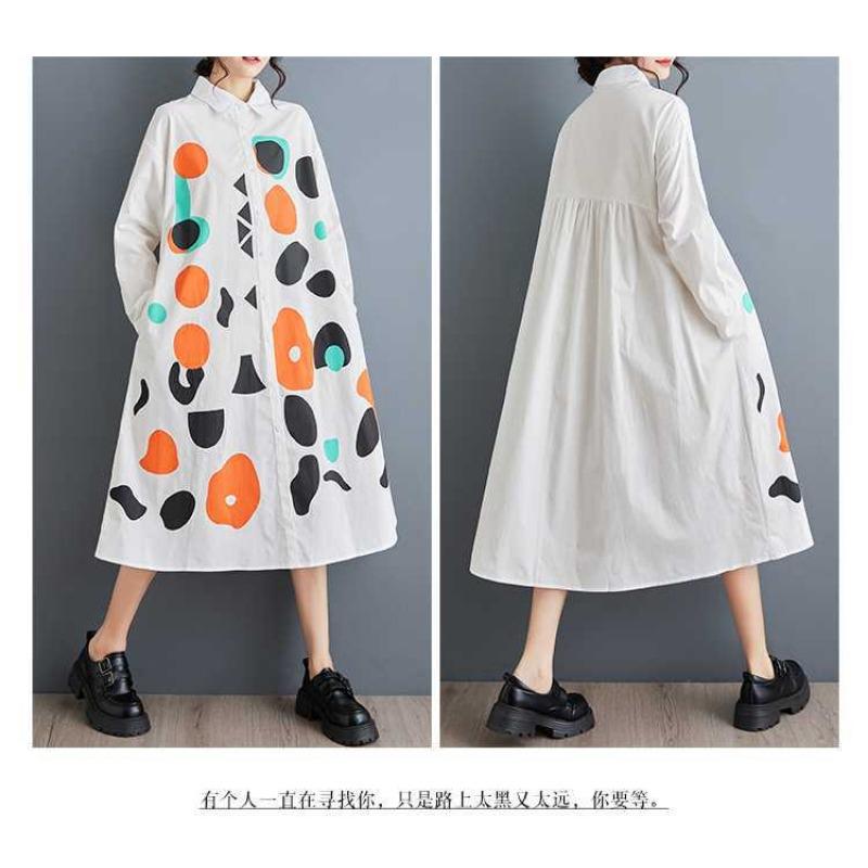 New Loose Large Size Printing Splicing Casual Simple Sweet Long-sleeved Dresses