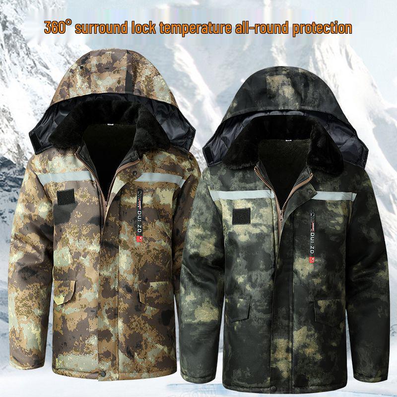 Men's Mid-Length Fleece-Lined Camouflage Overcoat - Windproof, Cold-Resistant, Waterproof, Cotton-Padded for Winter and Labor Protection.