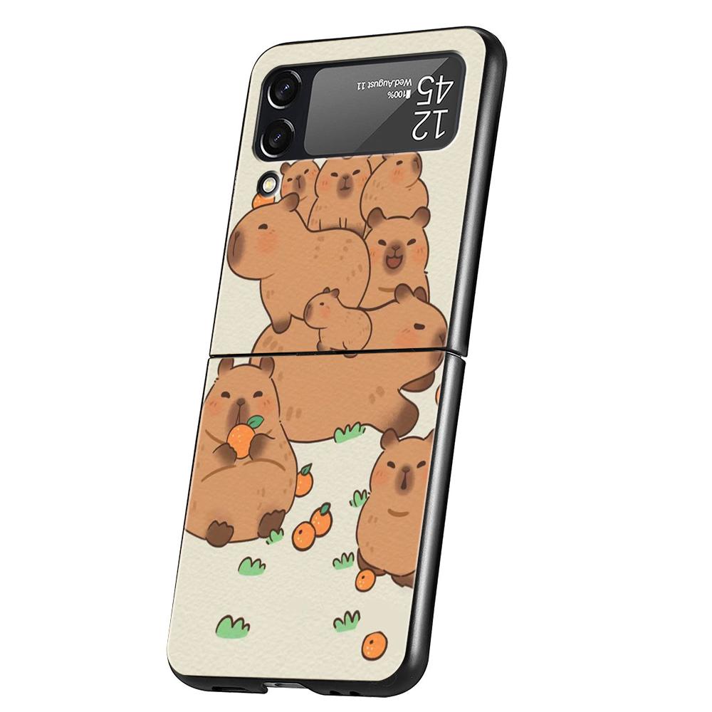 Cartoon Capybara Hard PC Phone Case For Samsung Galaxy Z Flip 5 4 3 Black Cover For Galaxy Z Flip 6 Foldable Shockproof Case Bag