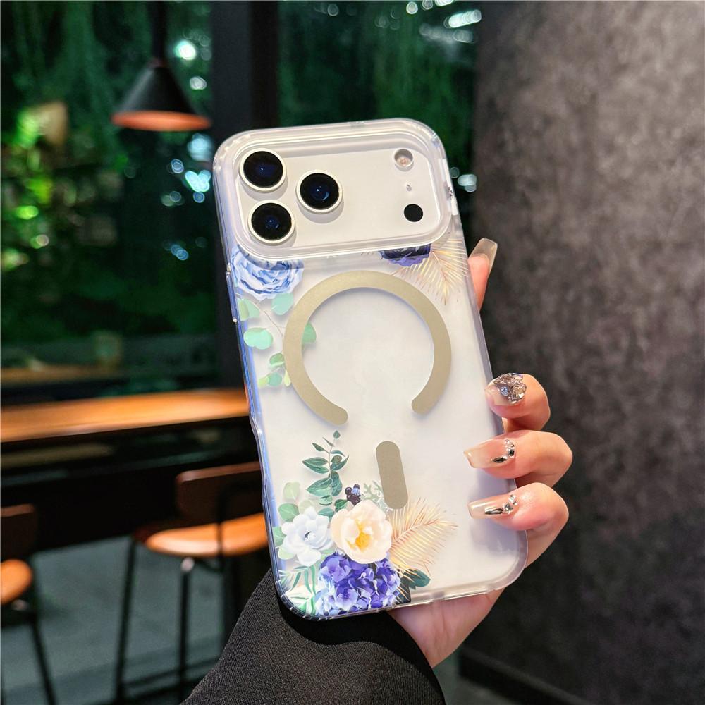 Suitable for iPhone 17 Promax Phone Case, Apple 17 Matte Skin Texture Flower 17 Pro Semi Transparent Magnetic Suction Case