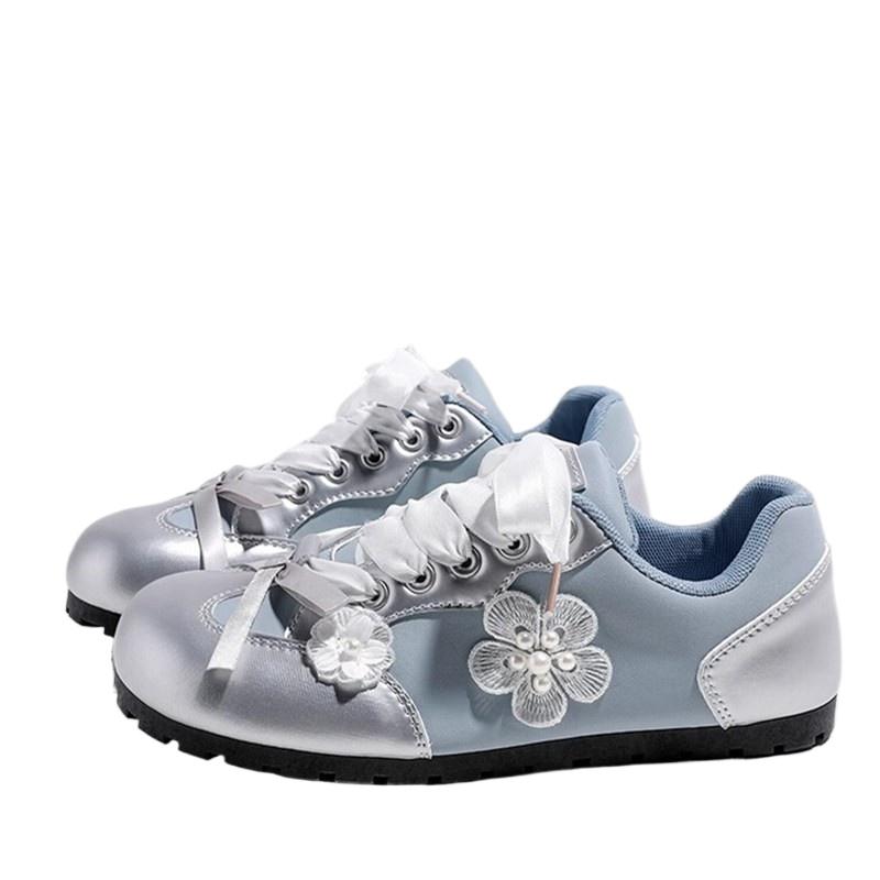 Women's Shoes Sweet Flower White Shoes 2024 Autumn New Campus Style French Cute Internet Celebrity De Xun Shoes