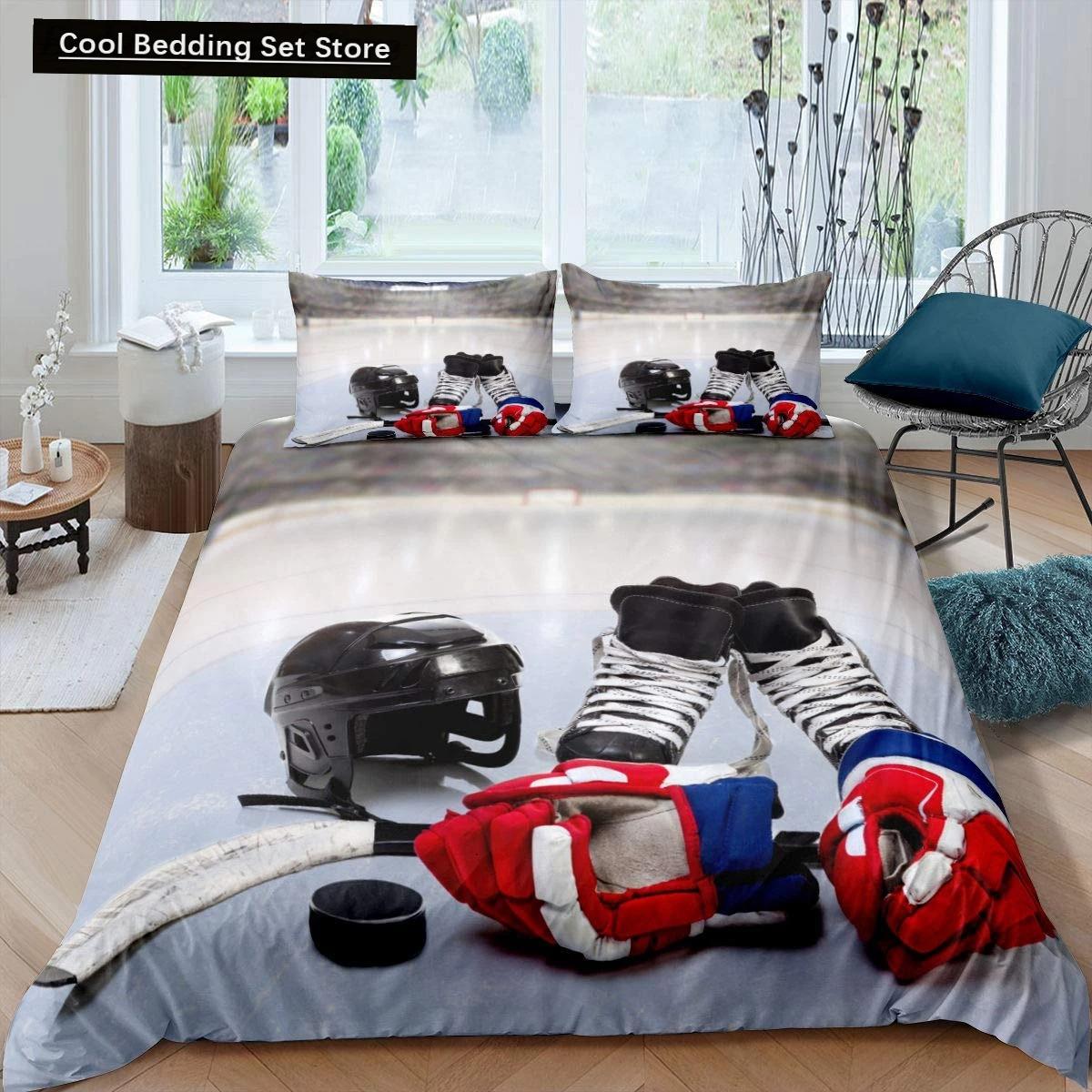 

Хоккей Спорт King Queen Пододеяльник Burning Hockey Ball Комплект постельного белья для подростков Спортсмен Черный 23 шт. Полиэстер Пододеяльник EU Single 135x200cm