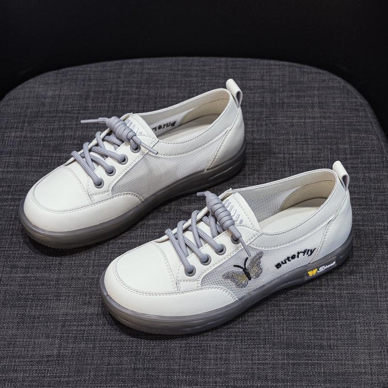Women's White Leather Slip-On Sneakers - Spring/Autumn, Soft Sole, Butterfly Design, Casual Flats, Plus Sizes Available