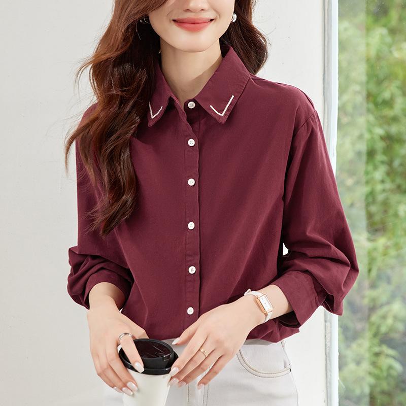Collar Craft Embroidery Versatile Top Womens Autumn Clothing Premium Single Color Relaxed Fit Long Sleeve Top Jacket Women
