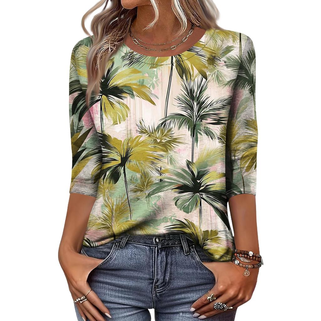 Women's Fashionable Casual Round Neck Three-Quarter Sleeve Printed T-Shirt Top