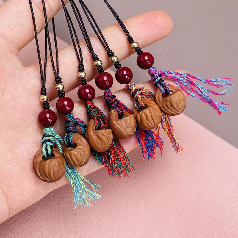 Peach Wood Phone Lanyard with Cinnabar Pendant, Hand-Woven Phone Chain & Keychain Rope
