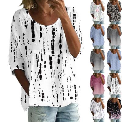 Linen Shirts For Women 3/4 Sleeve Button Down O Neck Summer Tops Dressy Casual Cute Shirts