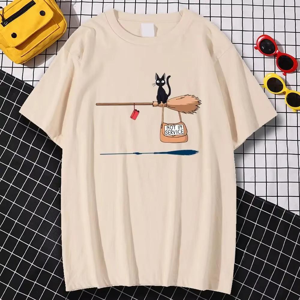 2026 New Funny A Black Cat Pattern on Magic Broom Print Tshirt Short Sleeve Streetwear Mens and Womens Tshirt Mens Top