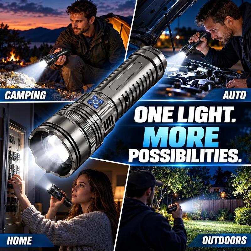 Rechargeable Heavy Duty LED Flashlight, Adjustable Focus, Digital Power Display + COB Tail Light, Spot/Flood Beam for Emergency & Outdoor
