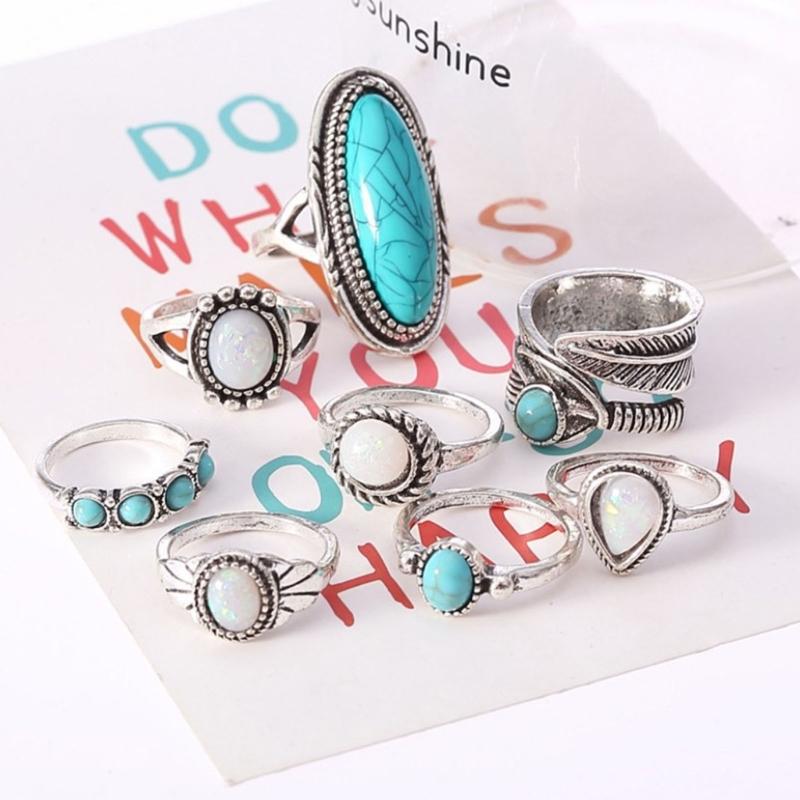 8 Pack Turquoise Rings Beach Women Rings Delicate Rings Jewelry Accessories Rings Set Alloy Turquoise Material for Party