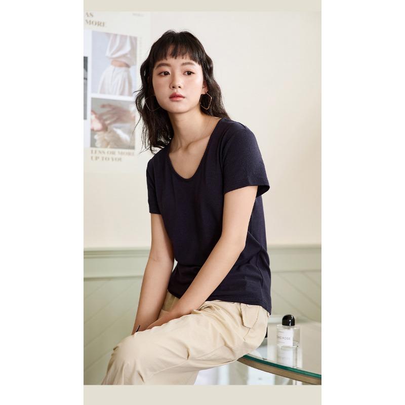New Spring and Summer Silk Bottoming Shirt Women's Lyocell Goose Egg Neck Short Sleeve Top