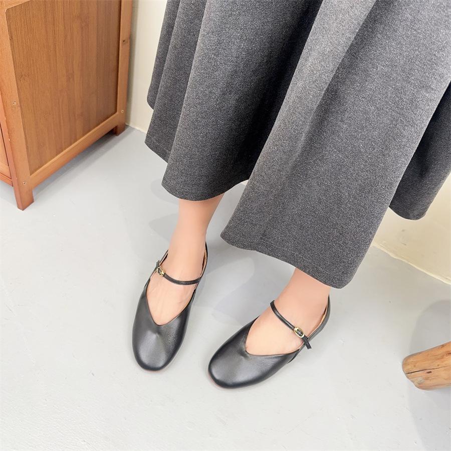 Johnature Handmade Genuine Leather Women's Shoes Retro Round Toe Soft Soled Belt Buckle Flat Shoes