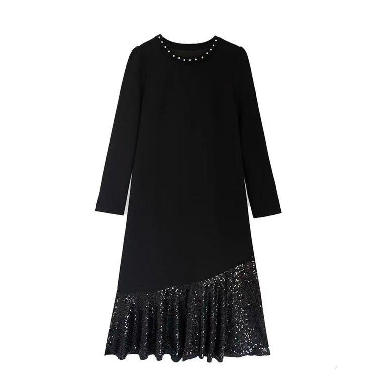 Sequin Patchwork Black Dress: 2026 Spring/Autumn Women's Mid-Length Base Layer Skirt