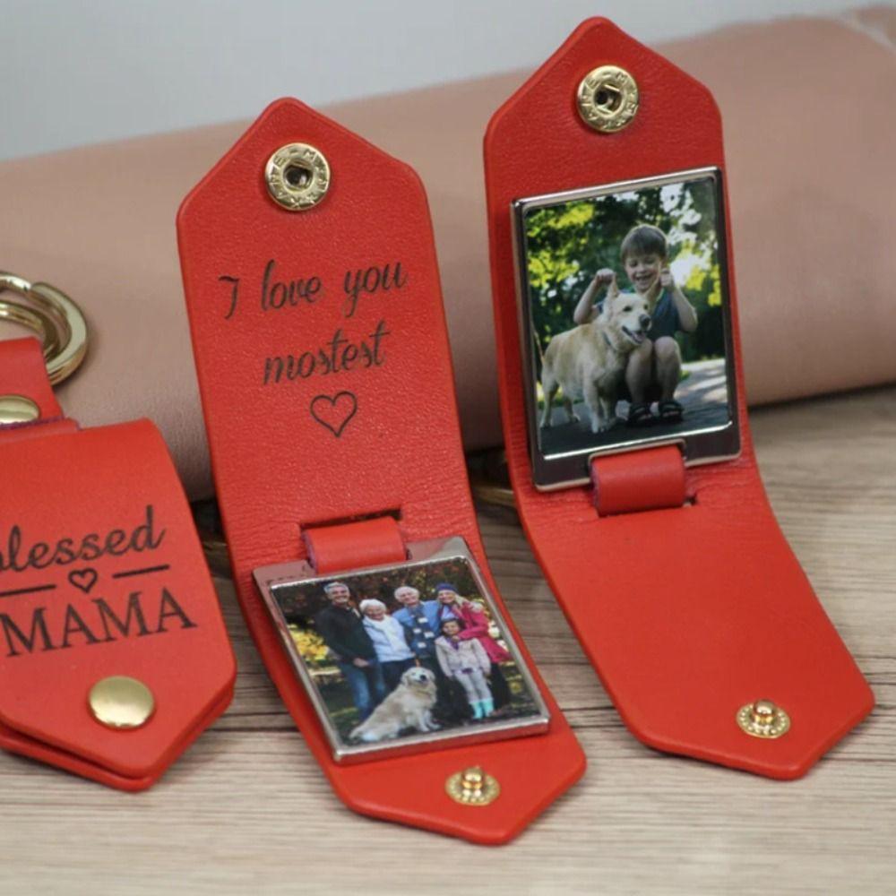 Engraved Design PU Leather Key Cover Memorial UV Color Printing Keychain  Wedding Gift