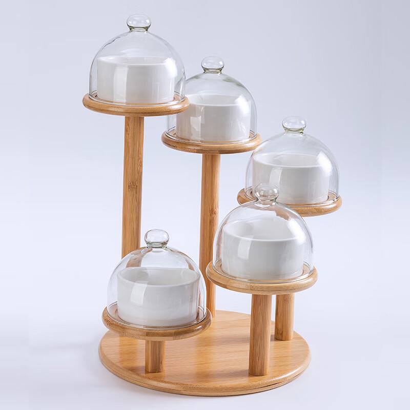 Ceramic Serving Bowl Set with Rotating Wooden Rack
