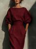 Women's Elegant Boat Neck Puff Sleeve Dress & High-Waisted Pleated Skirt - Retro Spring/Autumn Style