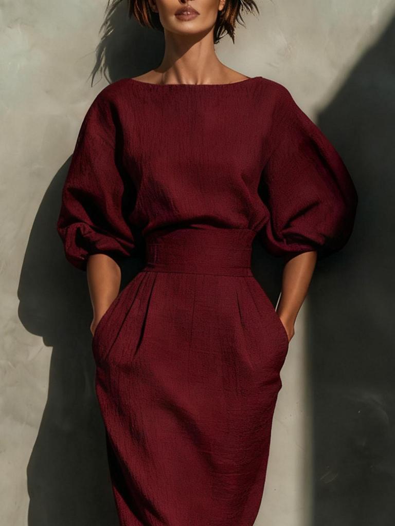 Women's Elegant Boat Neck Puff Sleeve Dress & High-Waisted Pleated Skirt - Retro Spring/Autumn Style