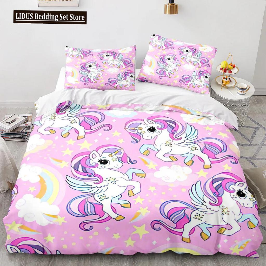 Cartoon Unicorn Duvet Cover King Queen Lovely White Mythical Animal Bedding Set Kids Girl Colorful Rainbow Polyester Quilt Cover