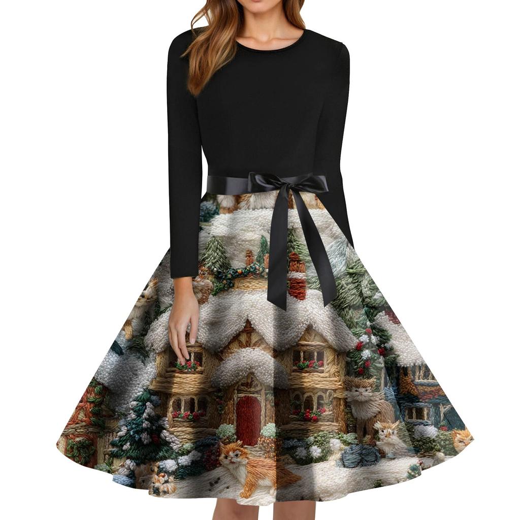 Damenmode Rundhals-Kleid mit schmaler Passform und Weihnachtsmuster, langen Ärmeln