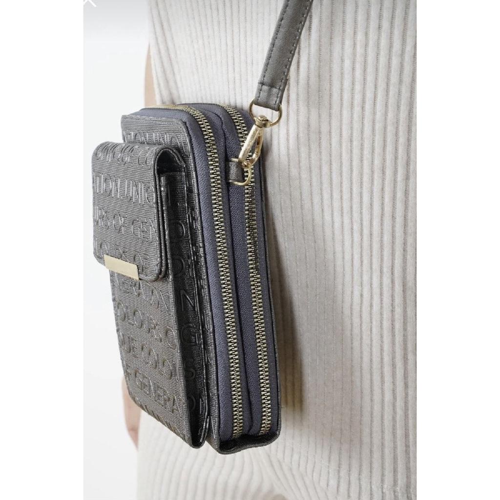 Black Leather Strap Bag With Card Holder, Magnetic Front Cover Pocket, Fits All Phone Models