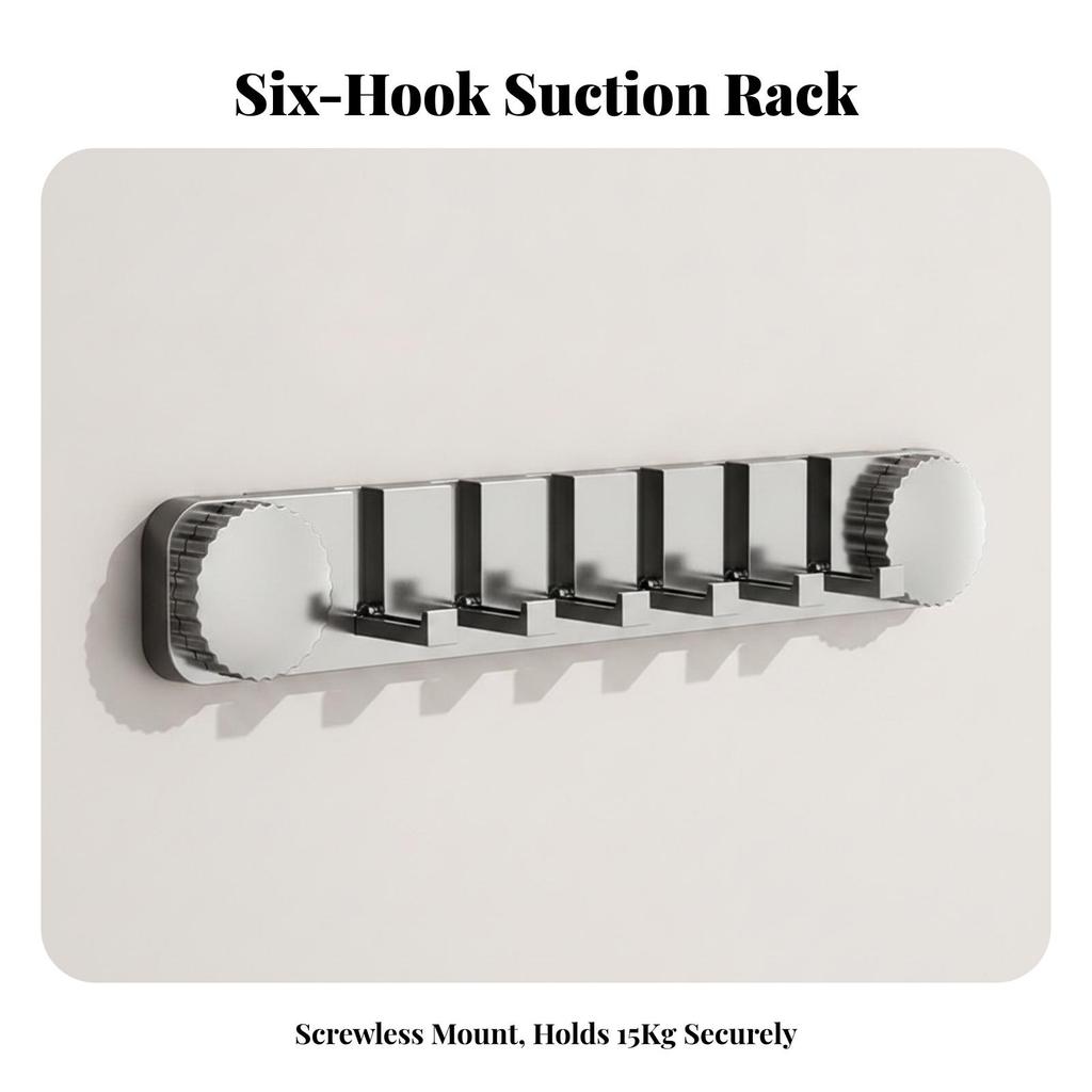 Suction Cup Wall Hook Rack Complimentary 6-Hook for Bathroom, Kitchen