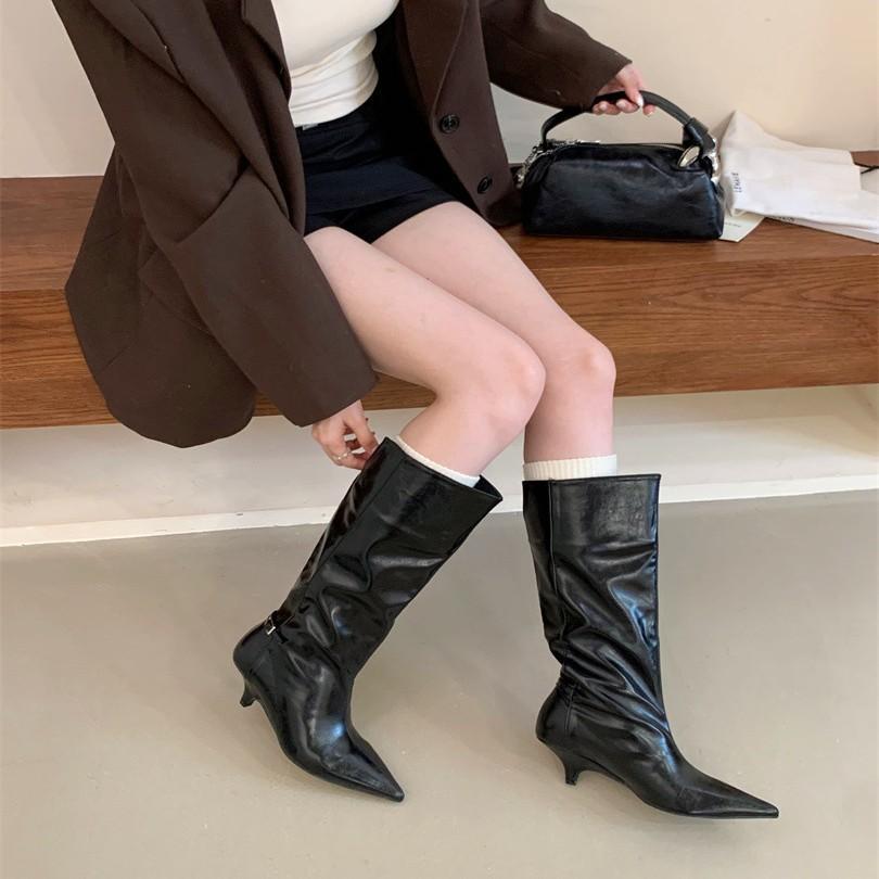 2025 autumn and winter new Korean version pointed suede temperament simple fashion versatile high heels thin heels thin boots long boots women