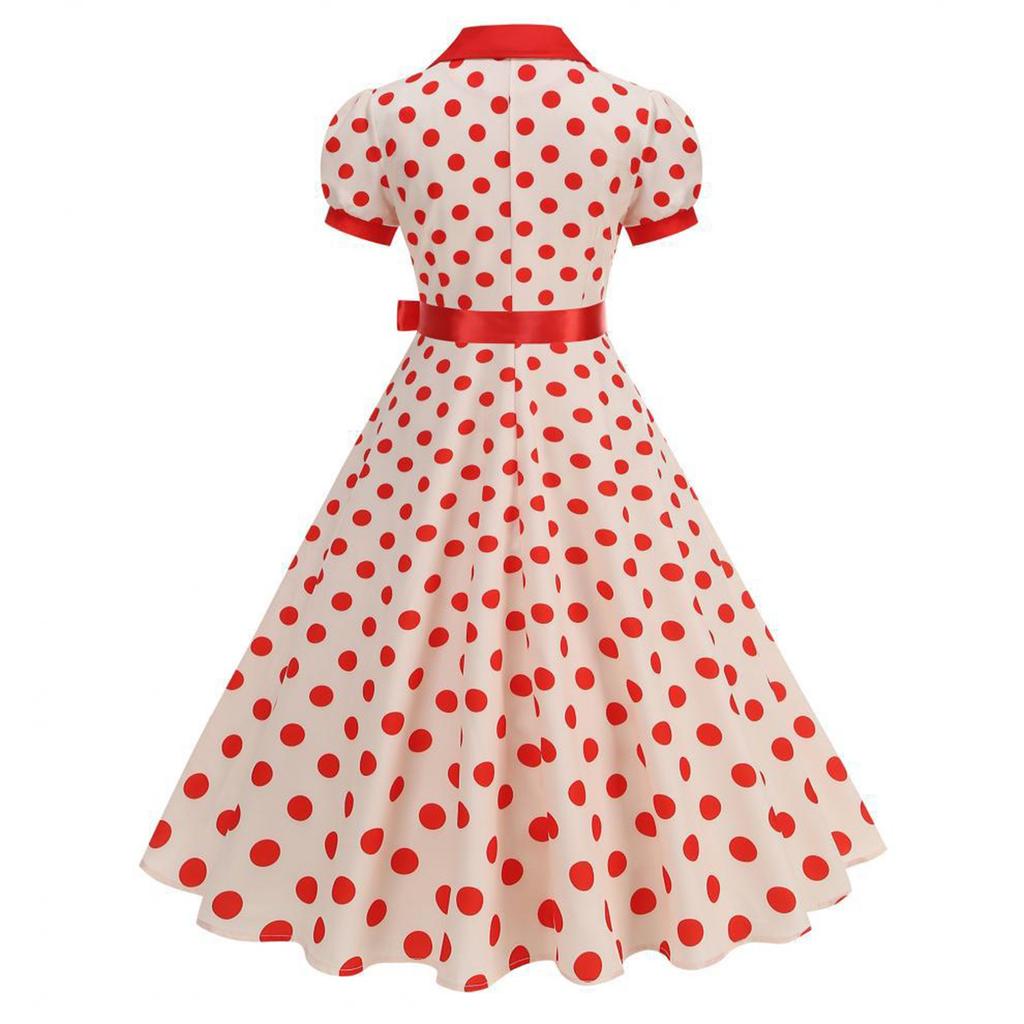 Dames Polkadot Shirtkraag Franse Retro Jurk