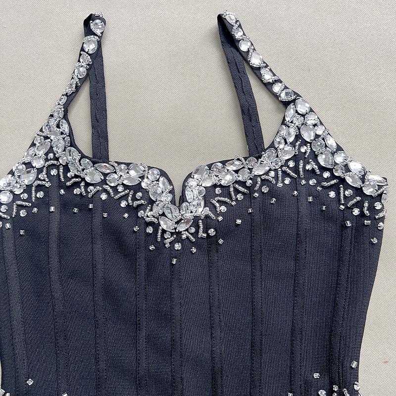 Heavy Sewing Diamond Sling Bandage Evening Dress