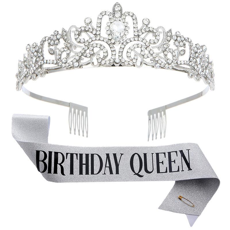 European and American Fashion Crystal Crown Belt Etiquette Wear Birthday Headwear Crown Birthday Girl Sash Set