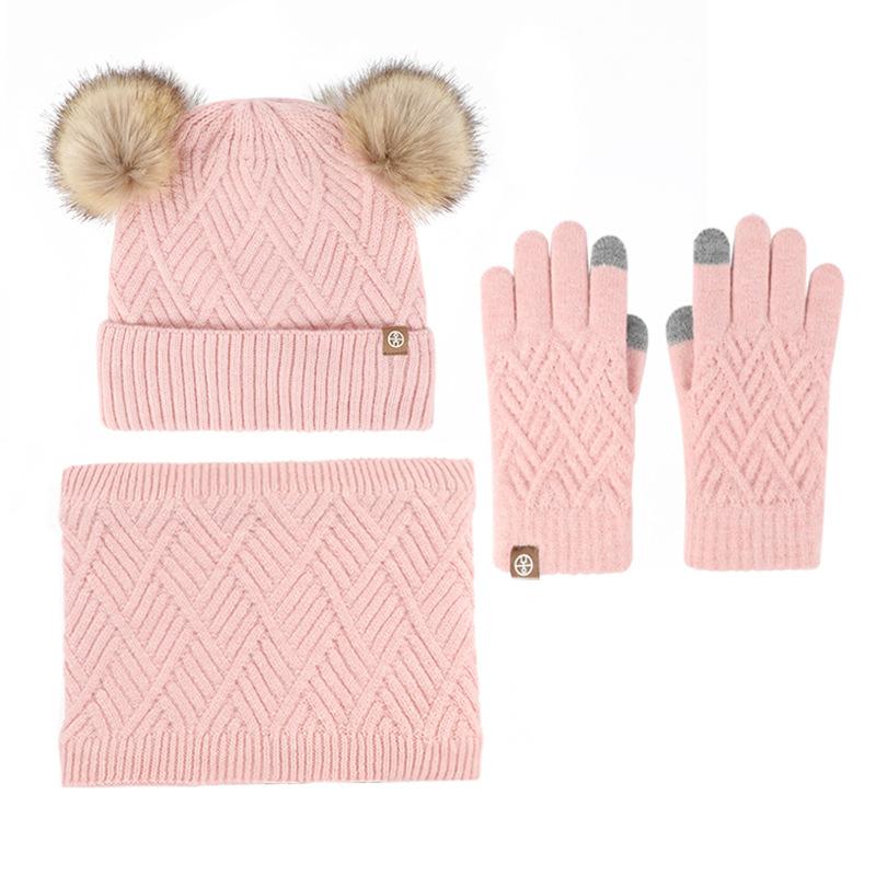 Winter middle-aged and older children's hairball hat, scarf, gloves, three-piece set, plush warm knitted children's gloves