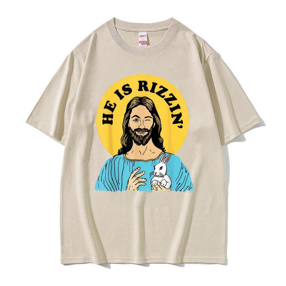 Fashion He Is Rizzin Jesus Funny Meme Graphic T Shirts Men Women Humor Streetwear Tshirts Casual 100 Cotton Oversized Tshirt