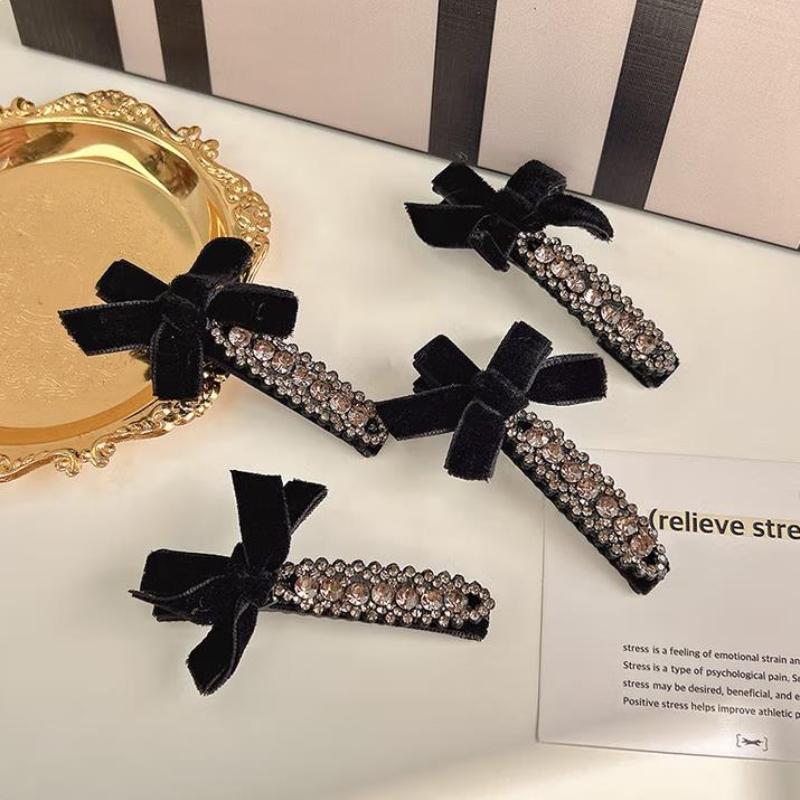 1PCS Black Velvet Hair Clips Hair Clips Glitter Diamonds,Premium Rhinestones Bow Duckbill Clips Forehead Shattered Hair Clips