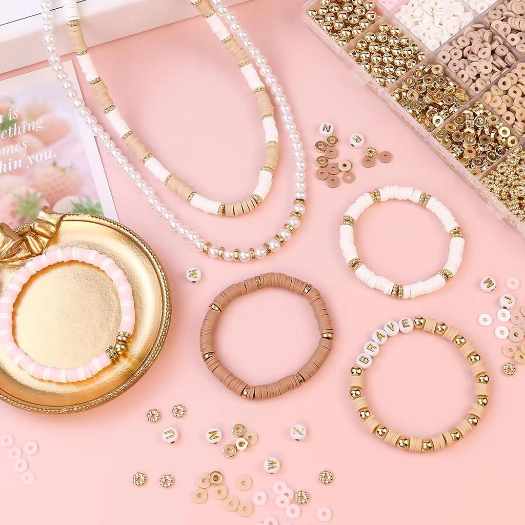 1970pcs light pink clay bead spacer kit, bracelet jewelry making kit, golden bead imitation pearl jewelry making