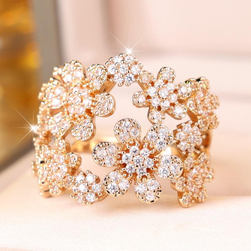 Charming Gold Color Flower Zircon Hollow Ring for Women Wedding Banquet Daily and Party
