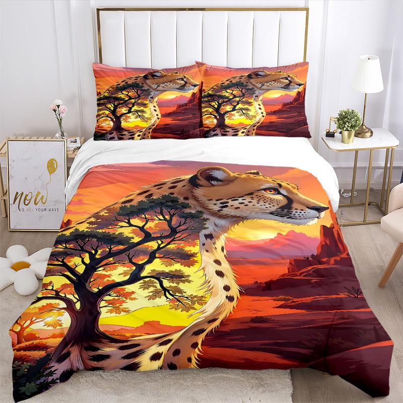 3pcs Cheetah Print Bedding Set - 1 Duvet Cover + 2 Pillowcases(Core Not Included), Machine Washable Polyester yy251216105