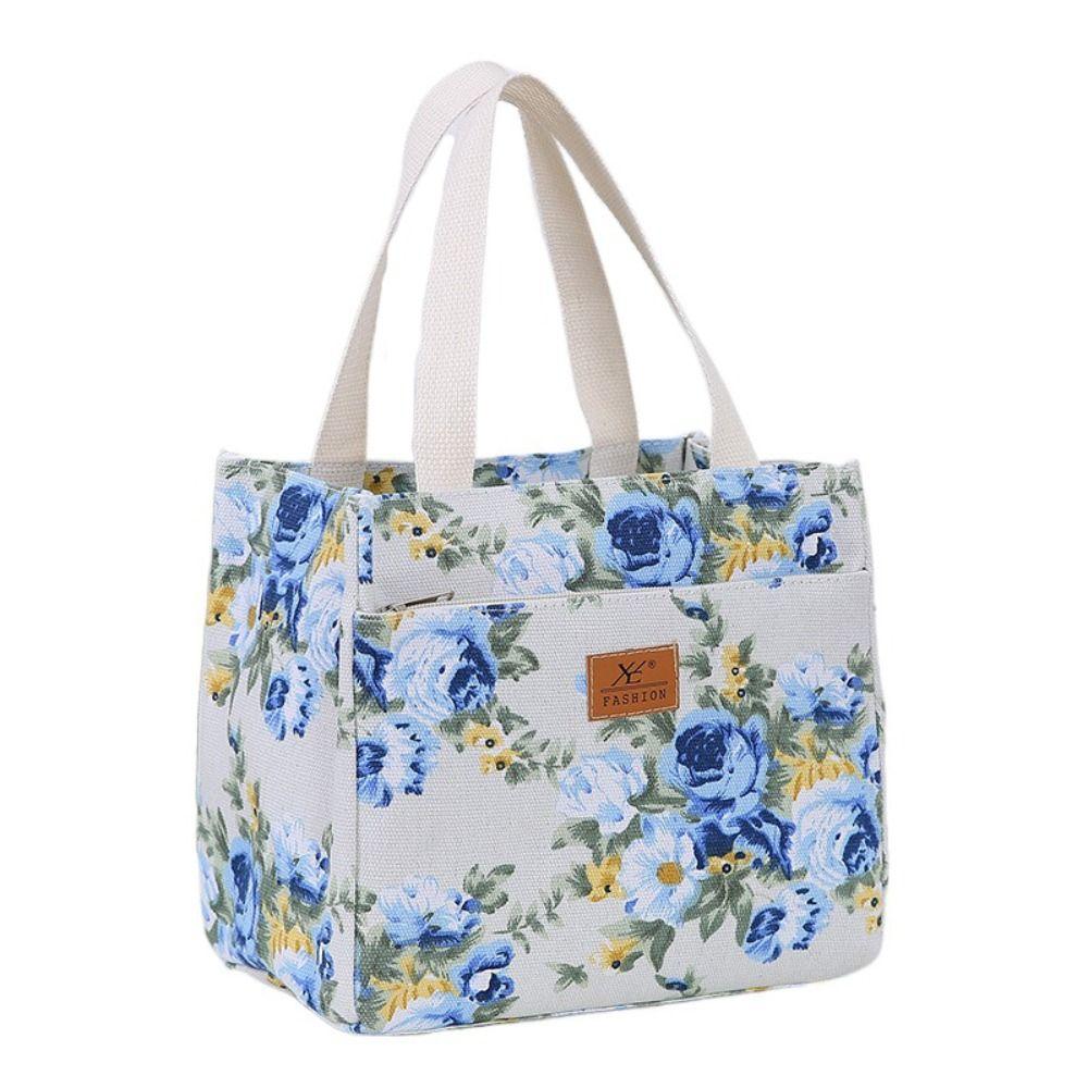 

Foil Lining Floral Print Lunch Bag Zippered Tote Bag Portable Handbag Worker Style C