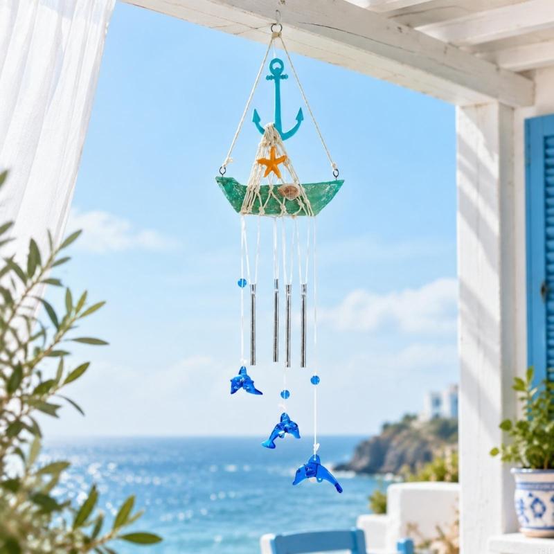 Sailboats Wind Chimes with Rope Net Detailing, Dolphins Pendants and Starfishes Features for Indoor Hanging Display