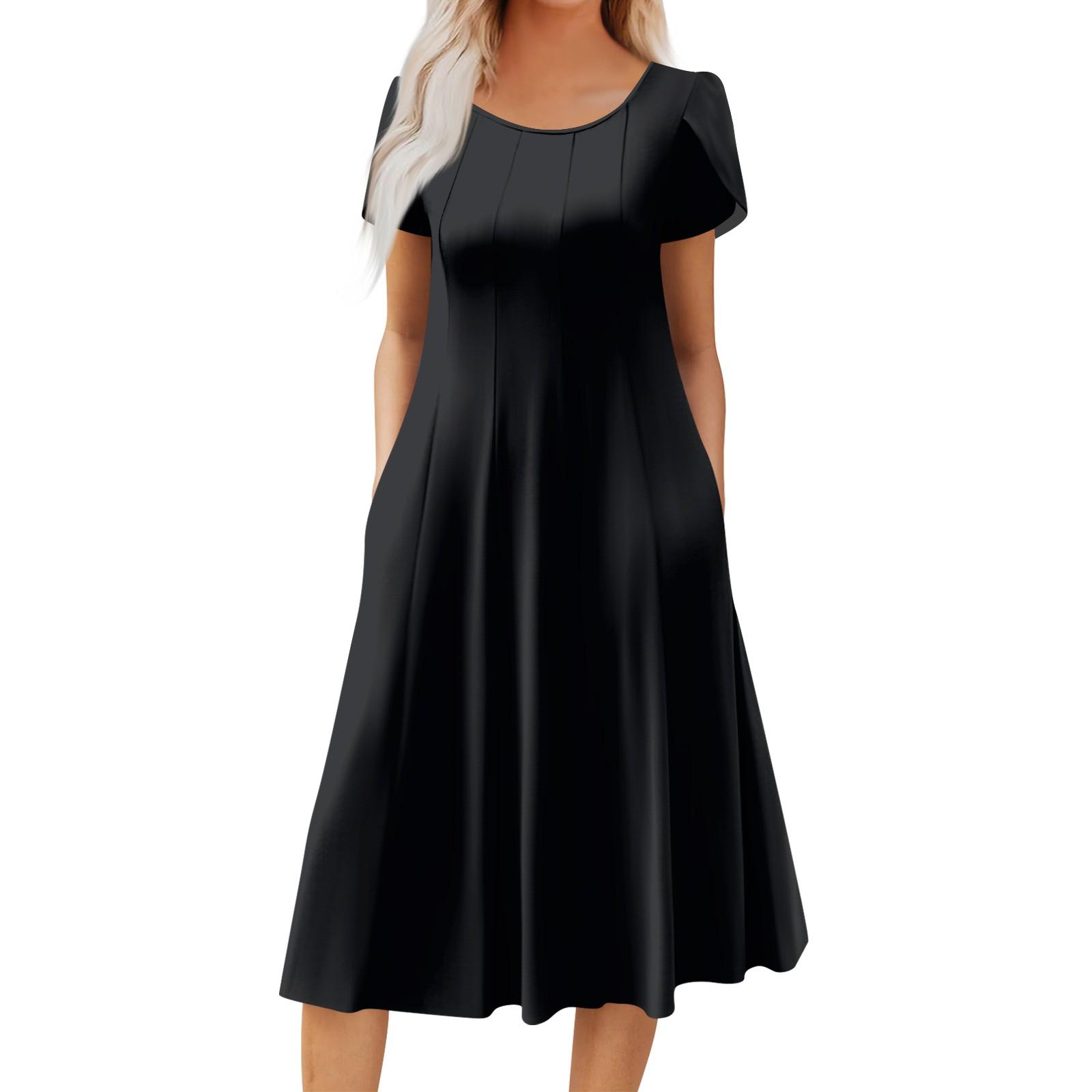 

Женское повседневное модное платье миди с круглым вырезом и коротким рукавом, модное свадебное платье для гостей S чёрный